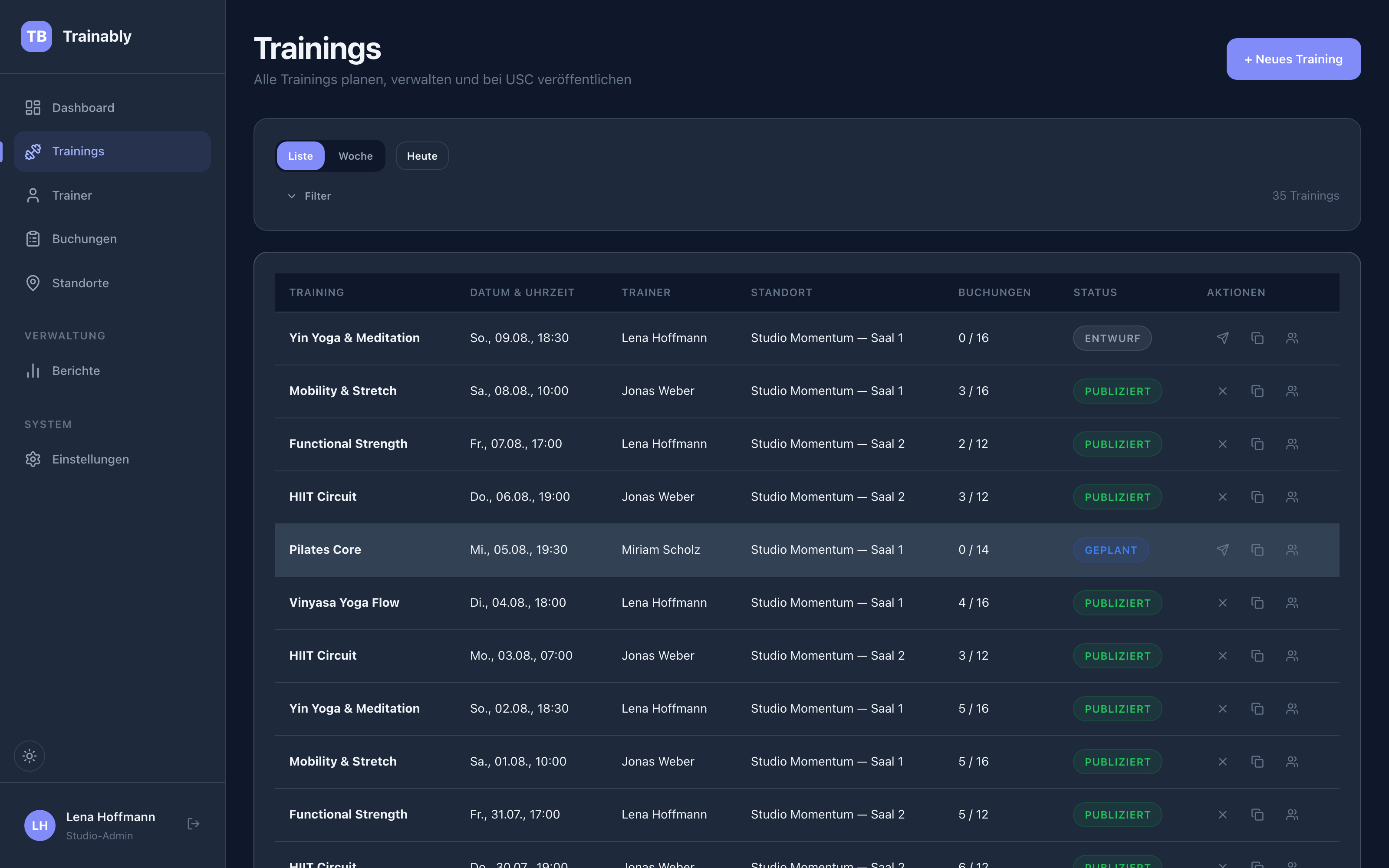 Trainably Kursliste mit Terminen, freien Plätzen und Veröffentlichungsstatus